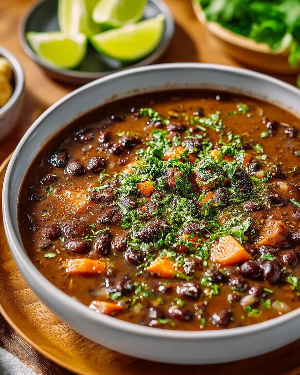 Delicious and easy black bean soup in a bowl garnished with cilantro