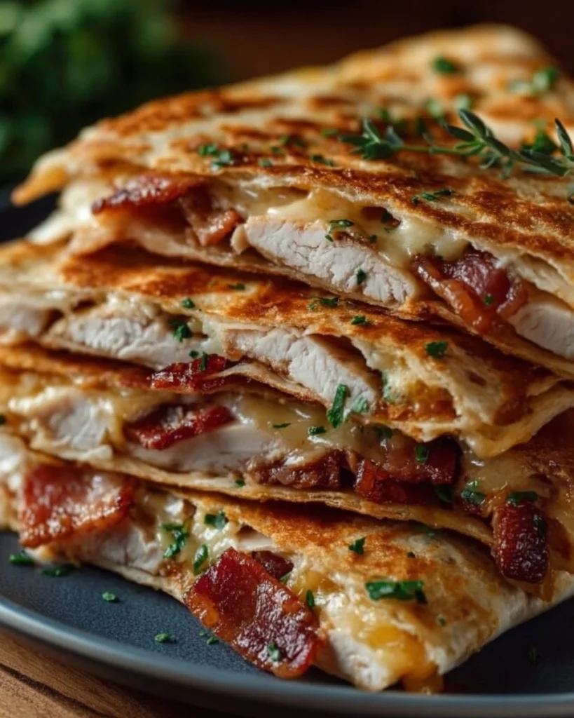 Delicious easy chicken bacon ranch quesadillas with cheese and toppings