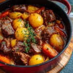 Delicious homemade beef stew simmering in a pot with fresh vegetables