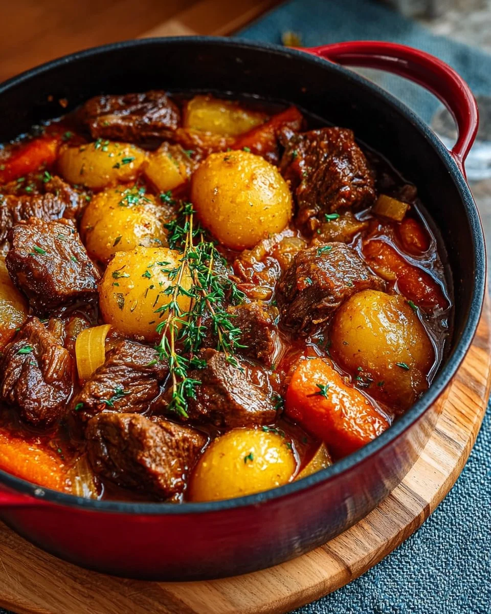 Delicious homemade beef stew simmering in a pot with fresh vegetables
