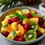 Exotic mixed fruit salad with colorful fresh fruits served in a bowl