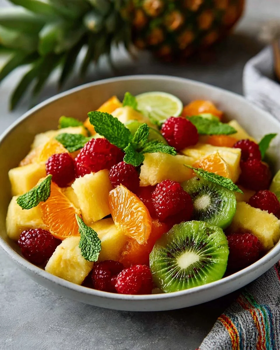 Exotic mixed fruit salad with colorful fresh fruits served in a bowl