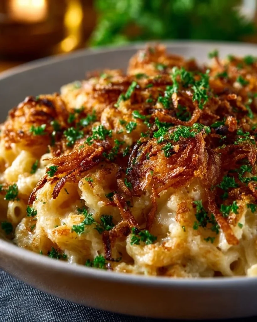 French Onion Chicken Orzo Casserole topped with melted cheese and herbs