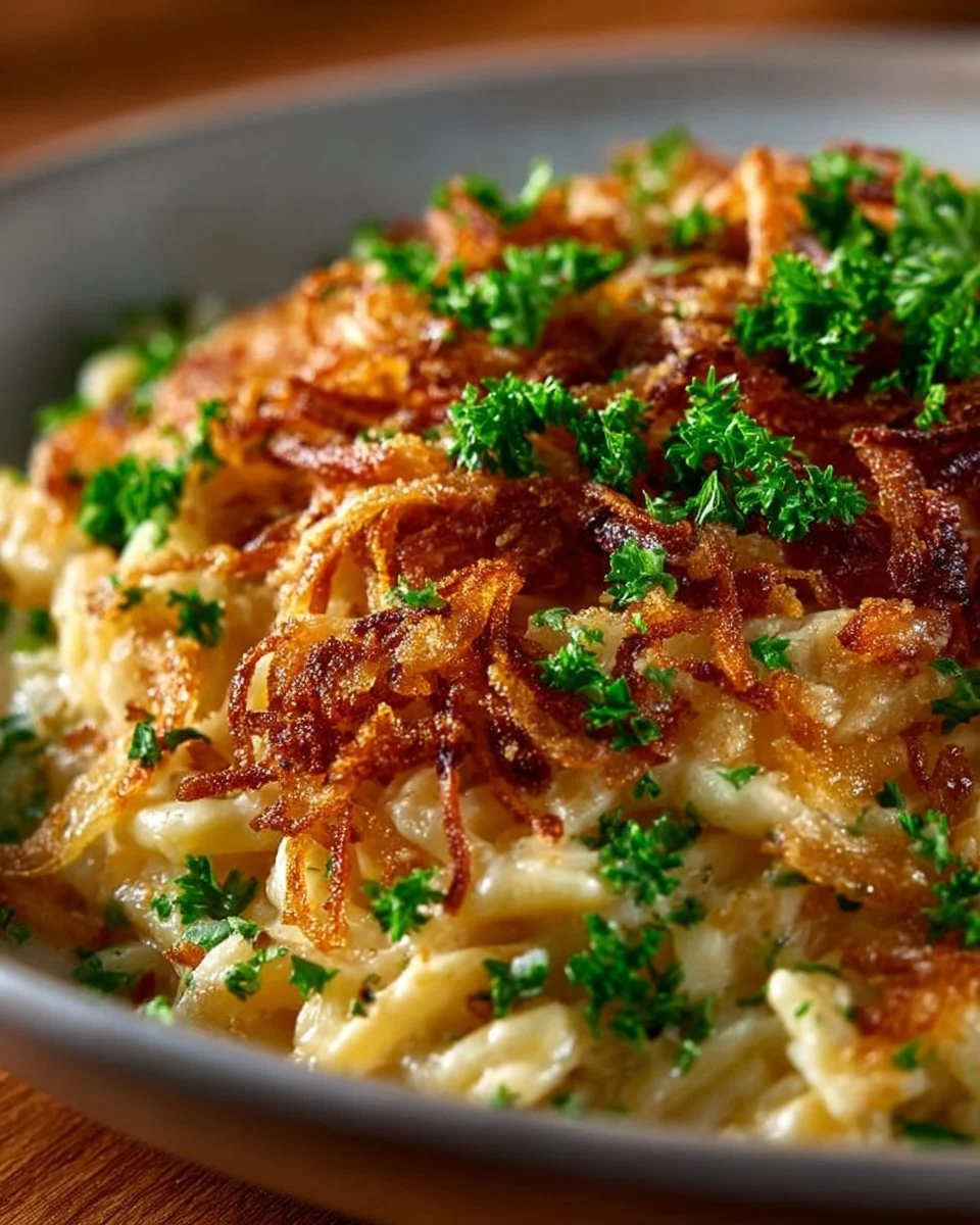 Delicious French onion chicken orzo casserole served in a baking dish
