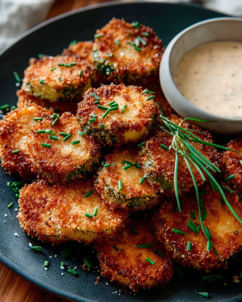 Crispy fried pickle chips served with dipping sauce