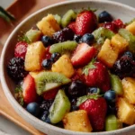 Colorful fruit salad topped with honey lime dressing