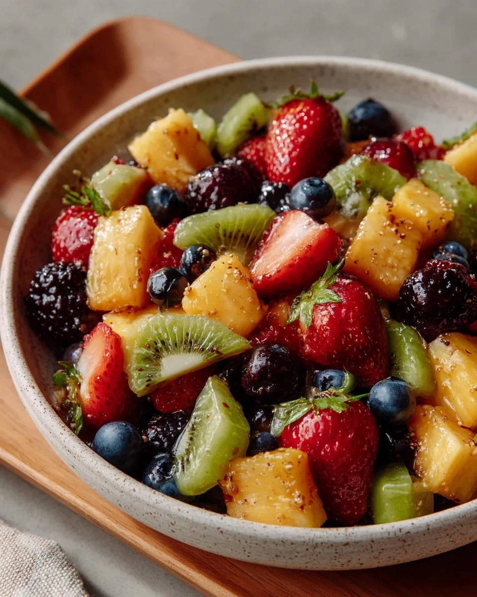 Colorful fruit salad topped with honey lime dressing