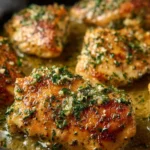 Delicious garlic butter chicken served on a plate with herbs and garlic