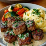 Garlic Butter Steak Bites with creamy Parmesan sauce on a plate