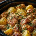 Delicious Garlic Parmesan Chicken and Potatoes cooked in a crockpot.
