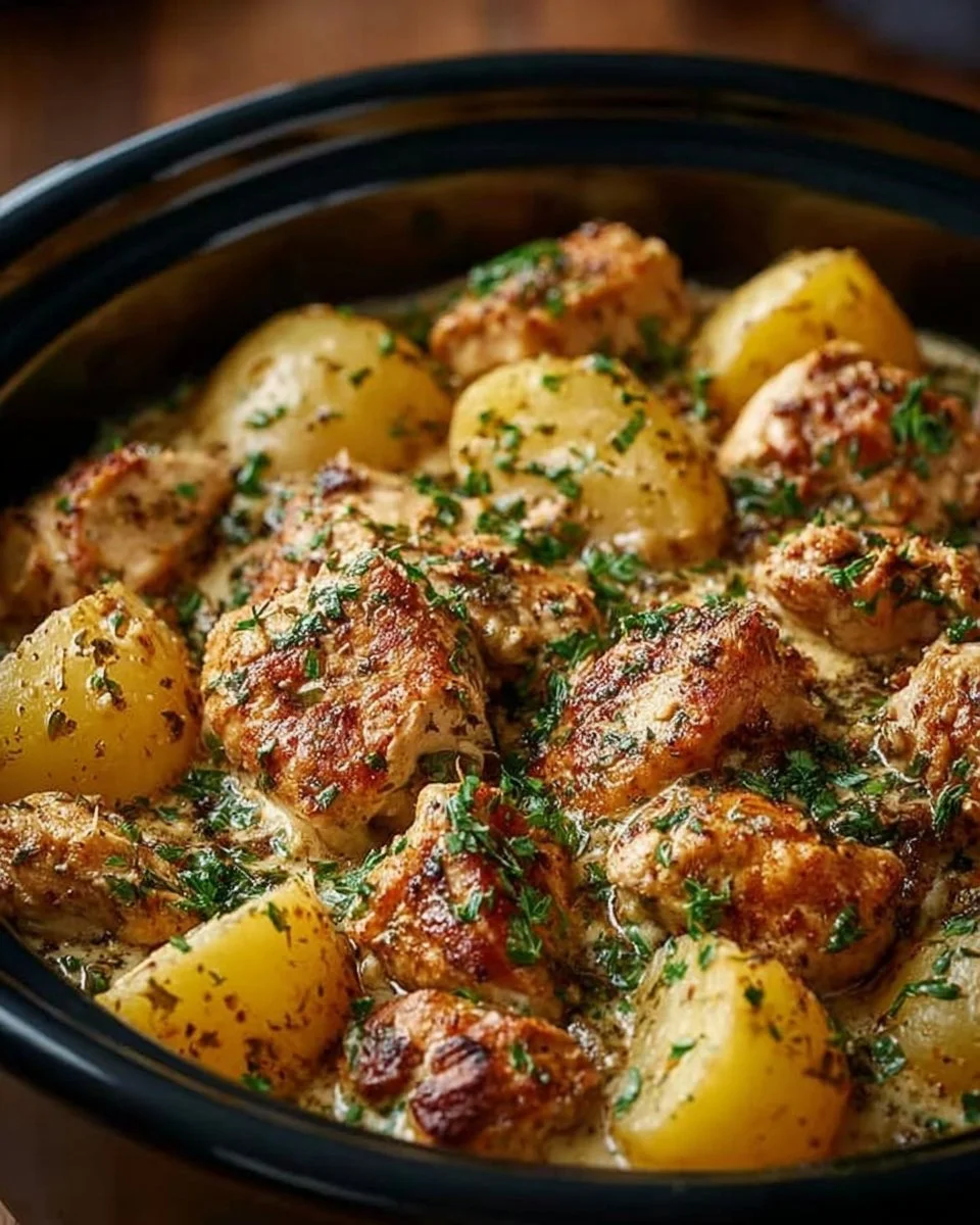 Delicious Garlic Parmesan Chicken and Potatoes cooked in a crockpot.