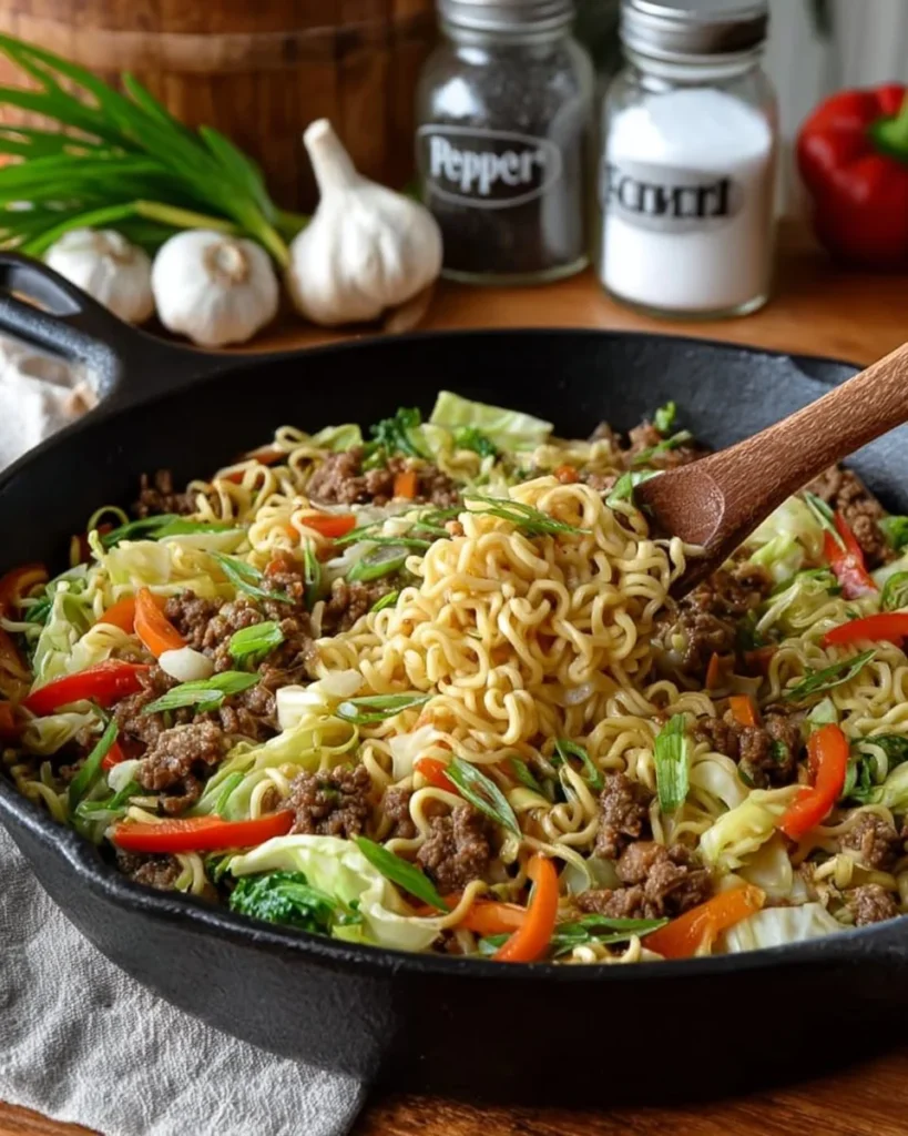 Delicious ground beef and ramen noodles dish served in a bowl.
