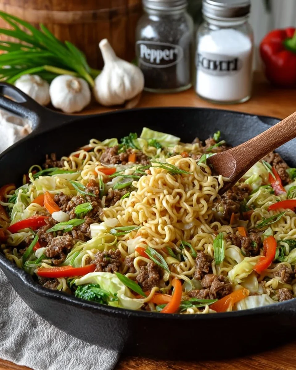 Delicious ground beef and ramen noodles dish served in a bowl.