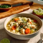 Bowl of hearty chicken and rice soup filled with vegetables and herbs