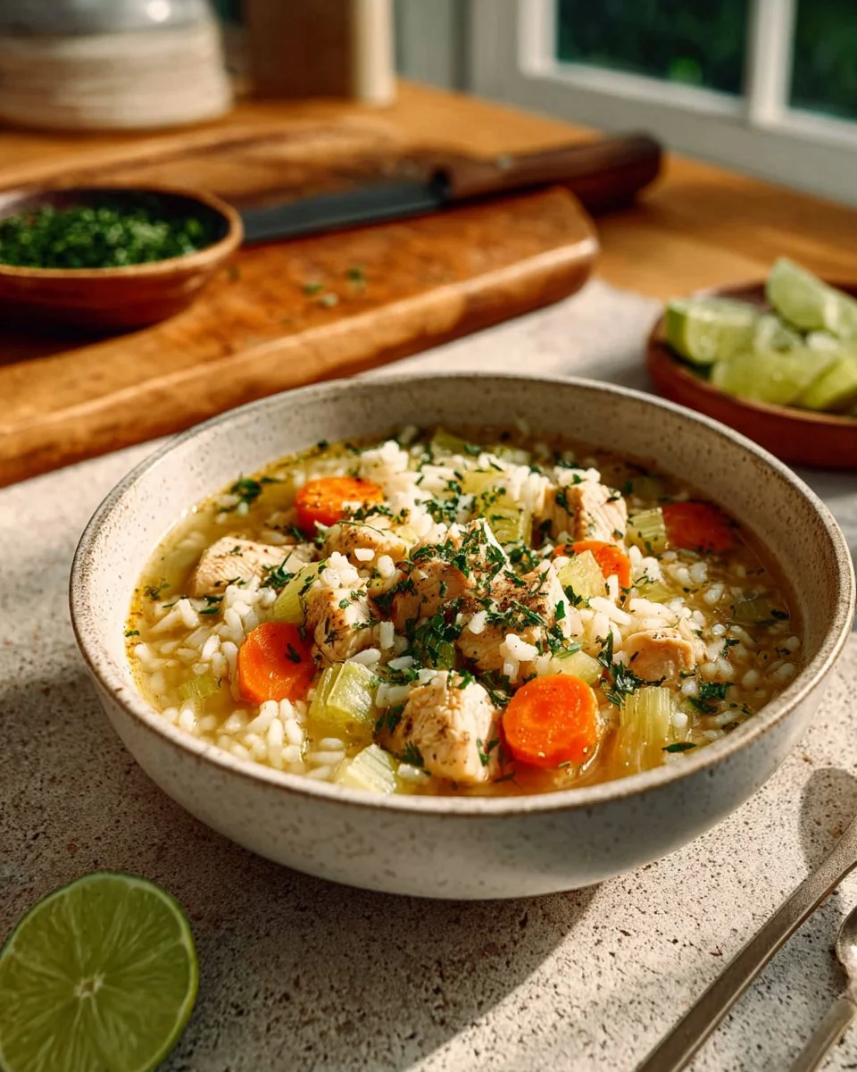 Bowl of hearty chicken and rice soup filled with vegetables and herbs