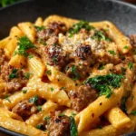 Creamy beef pasta dish garnished with herbs and ready to serve