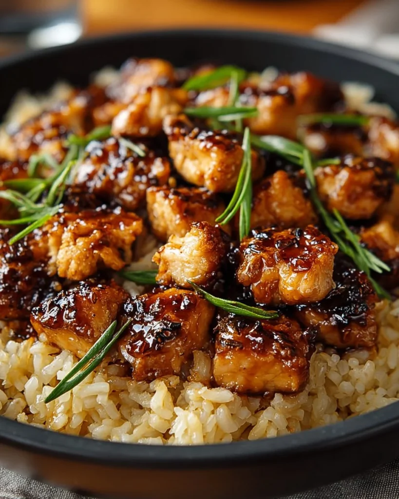 Honey BBQ Chicken Rice with sauce and garnishes served on a plate
