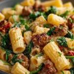 Delicious Italian Sausage Rigatoni served with fresh herbs and grated Parmesan cheese.
