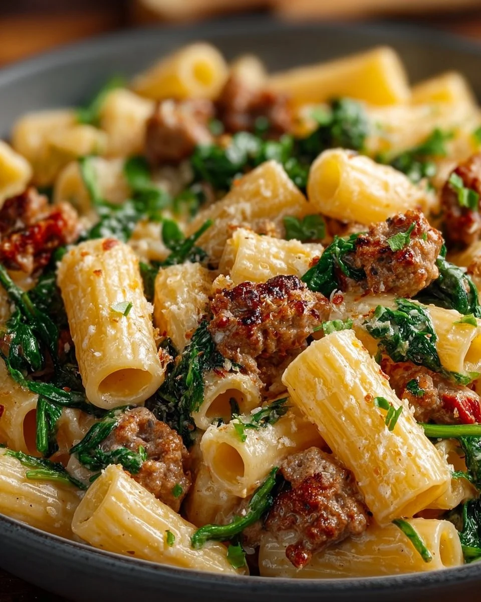 Delicious Italian Sausage Rigatoni served with fresh herbs and grated Parmesan cheese.