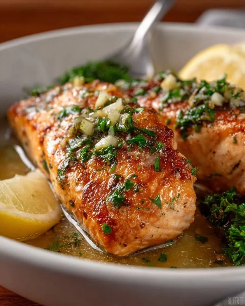 Lemon garlic roast chicken garnished with fresh herbs on a serving platter
