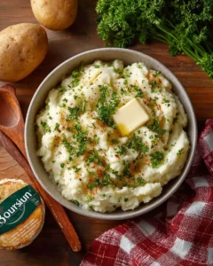 Creamy mashed potatoes with Boursin cheese in a white bowl