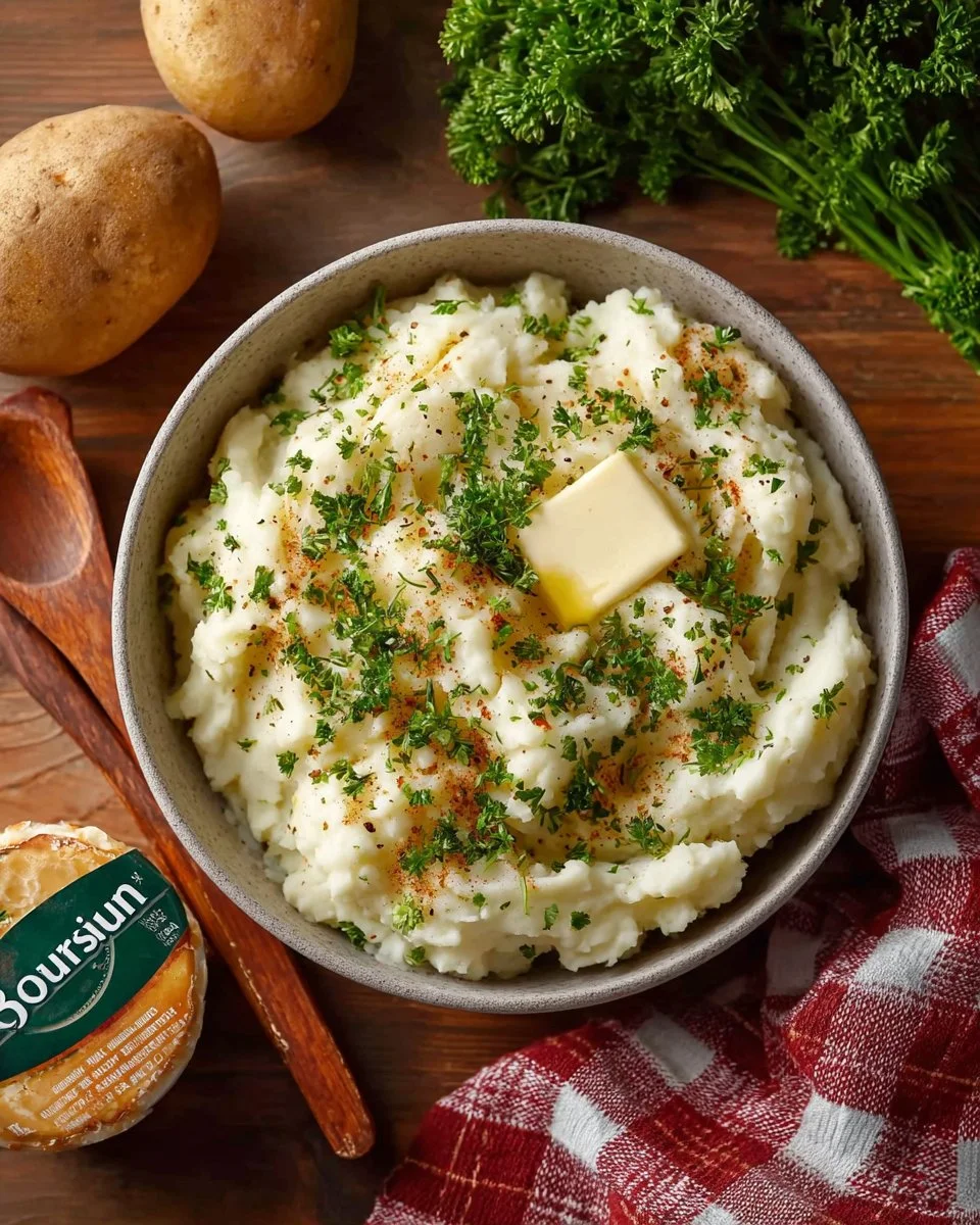 Creamy mashed potatoes with Boursin cheese in a white bowl