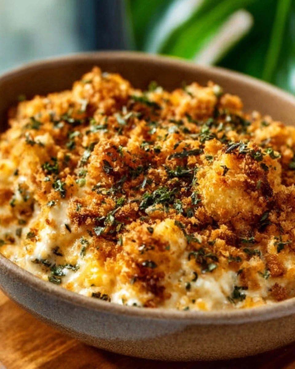 Delicious Million Dollar Chicken Casserole served in a baking dish garnished with herbs.