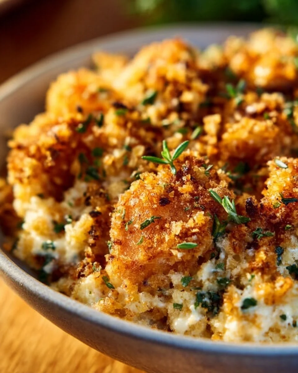 Million Dollar Chicken Casserole topped with cheese and breadcrumbs