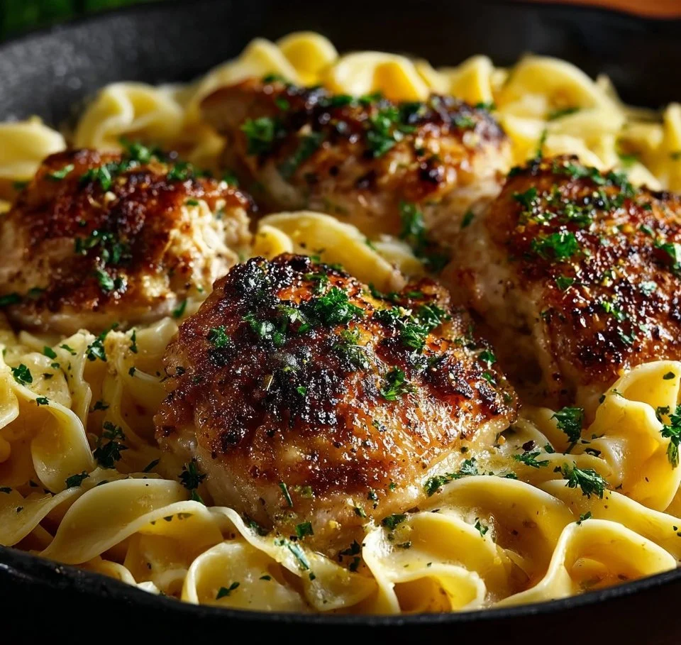 One-Pan Chicken with Buttered Noodles ready to serve in a skillet