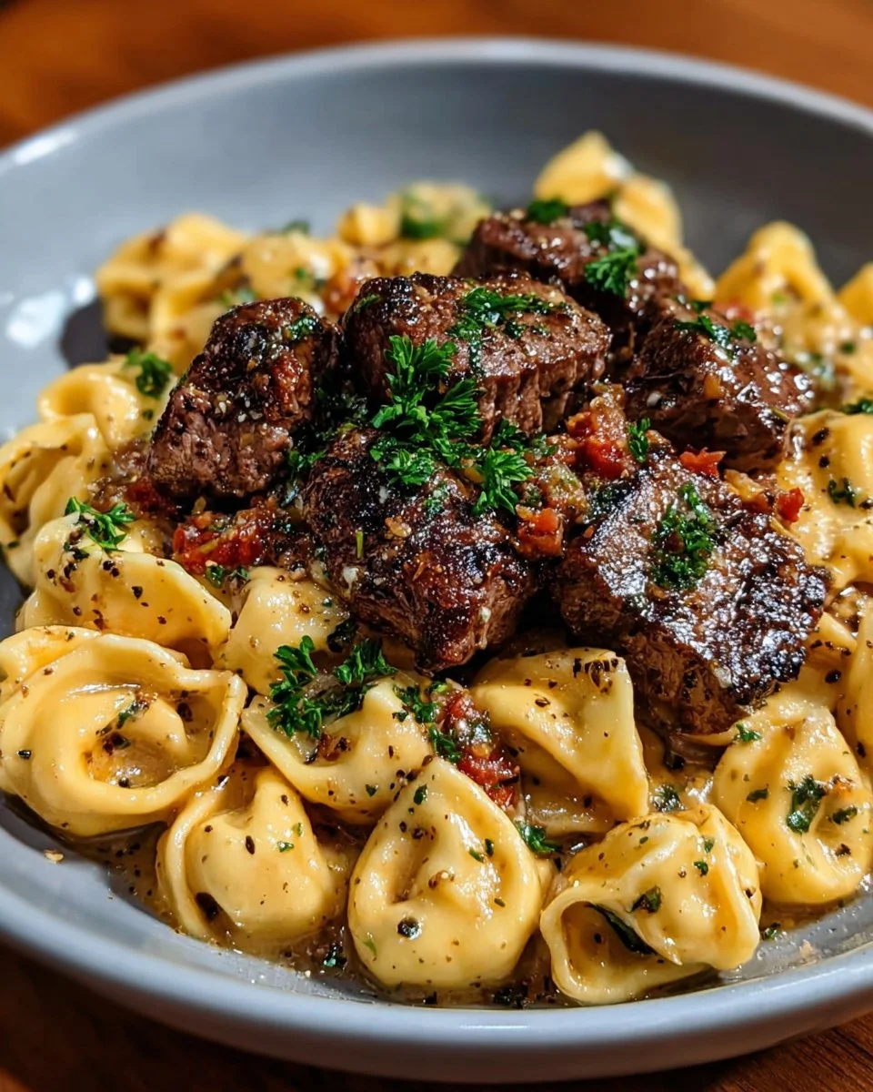One-Pan Cowboy Butter Tortellini with steak bites and flavorful sauce
