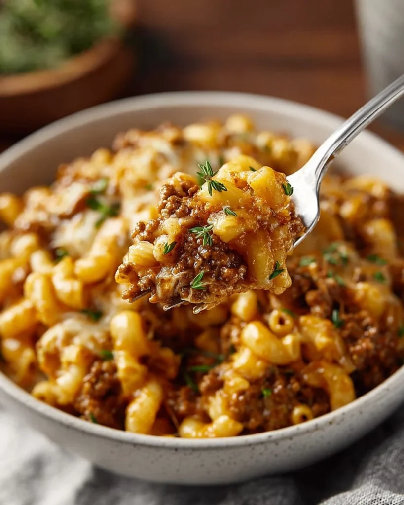 One-Pot Chili Mac dish served in a bowl with toppings.