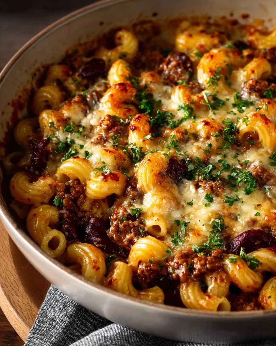 One Pot Chili Mac and Cheese served in a bowl with toppings
