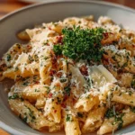 One pot creamy garlic pasta dish garnished with parsley and parmesan cheese