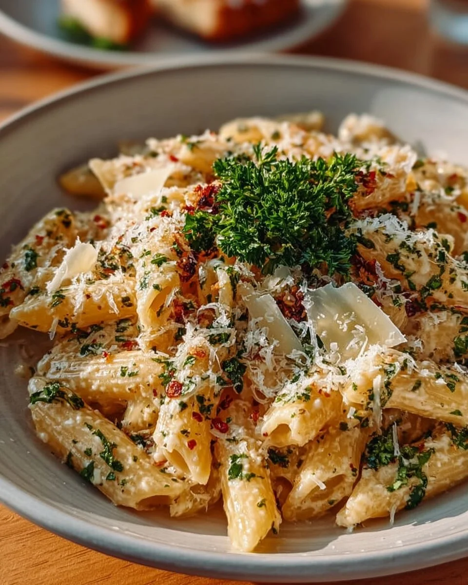 One pot creamy garlic pasta dish garnished with parsley and parmesan cheese