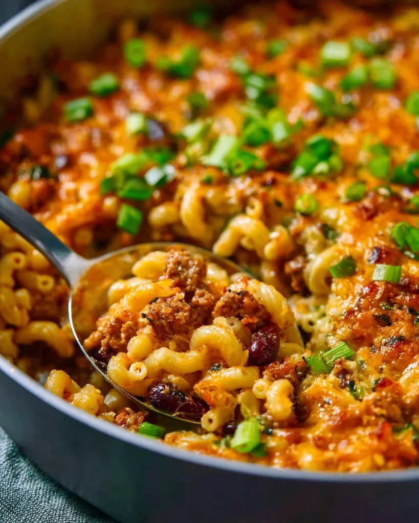 Delicious one-pot turkey chili mac served in a bowl with toppings