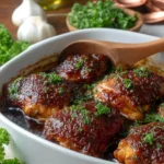 Oven-baked BBQ chicken served on a plate with barbecue sauce