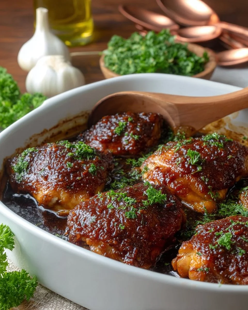 Oven-baked BBQ chicken served on a plate with barbecue sauce