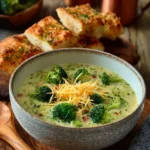 Bowl of creamy Panera copycat broccoli cheese soup topped with cheese and herbs.