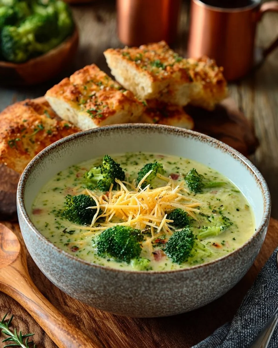 Bowl of creamy Panera copycat broccoli cheese soup topped with cheese and herbs.