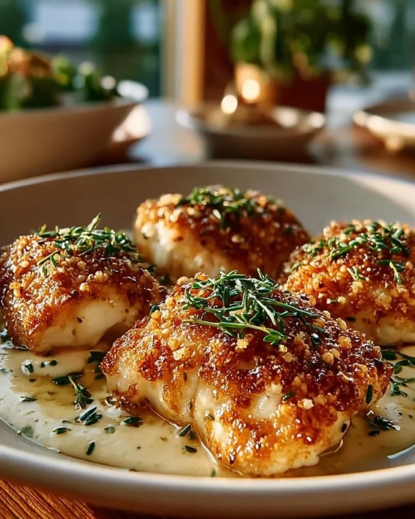 Deliciously baked Parmesan Chicken served with herbs and a side of vegetables