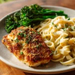 Crispy Parmesan crusted chicken served with fresh herbs on a white plate.