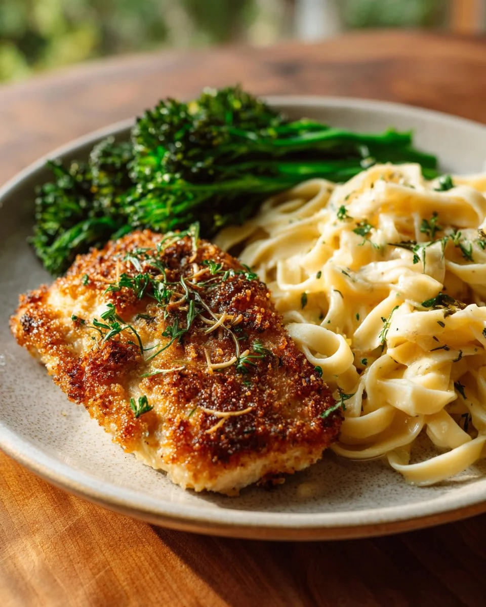 Crispy Parmesan crusted chicken served with fresh herbs on a white plate.