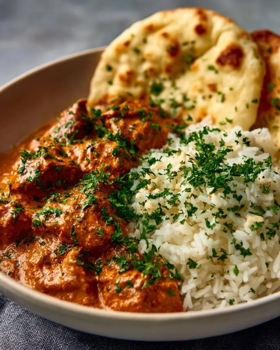 Delicious homemade butter chicken served with basmati rice and naan