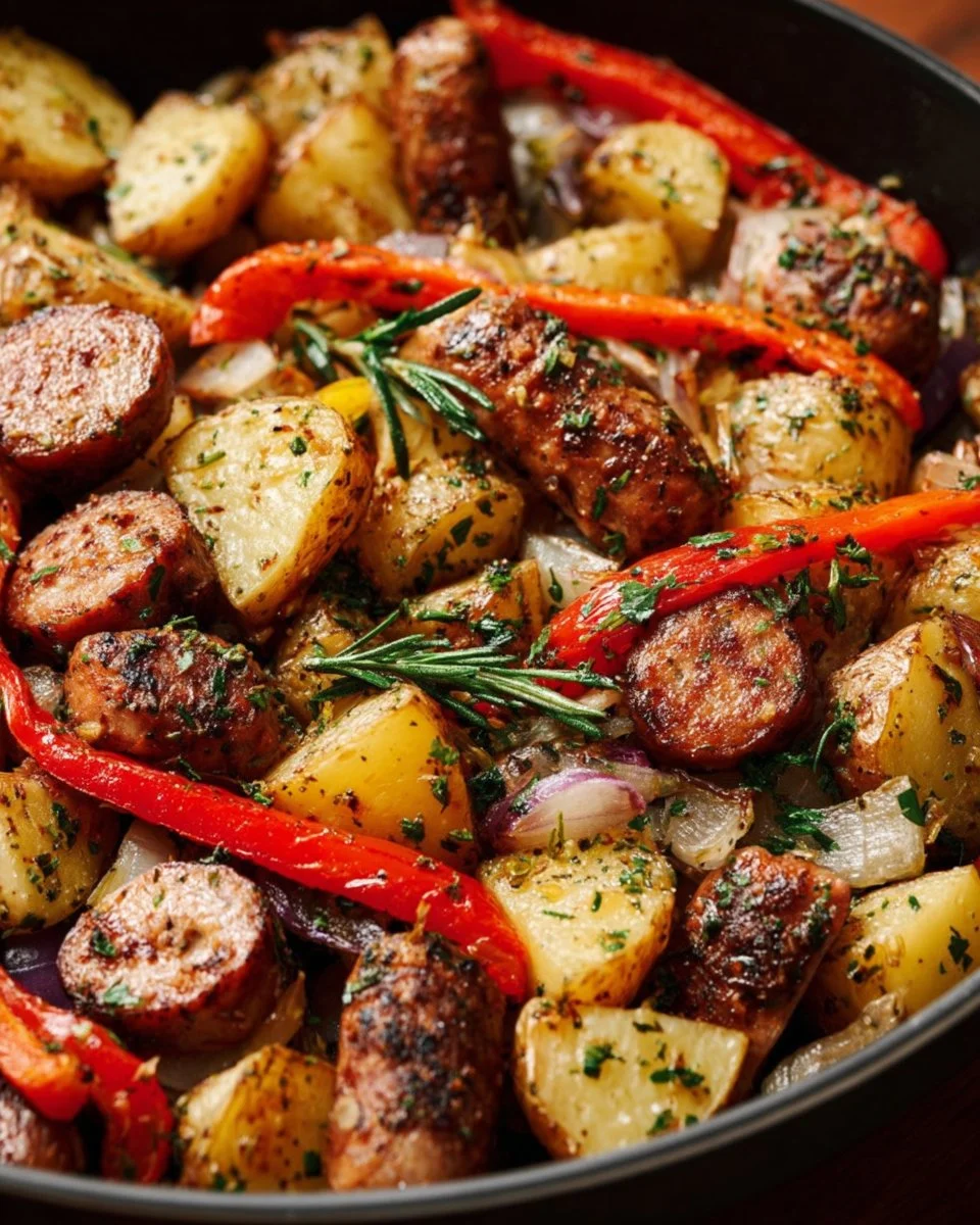 Sausage and potato skillet with colorful vegetables in a cast iron pan