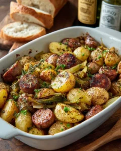 Sausage, green beans, and potatoes cooked in a skillet for a hearty meal.