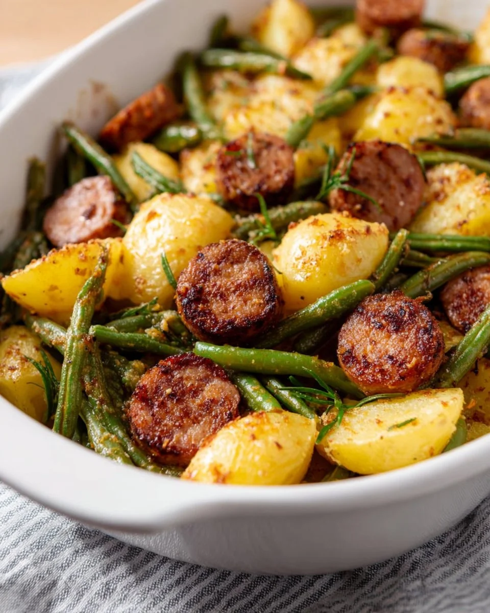 Delicious Sausage Potato Green Bean Casserole in a baking dish