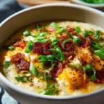 Bowl of creamy potato leek soup garnished with fresh herbs