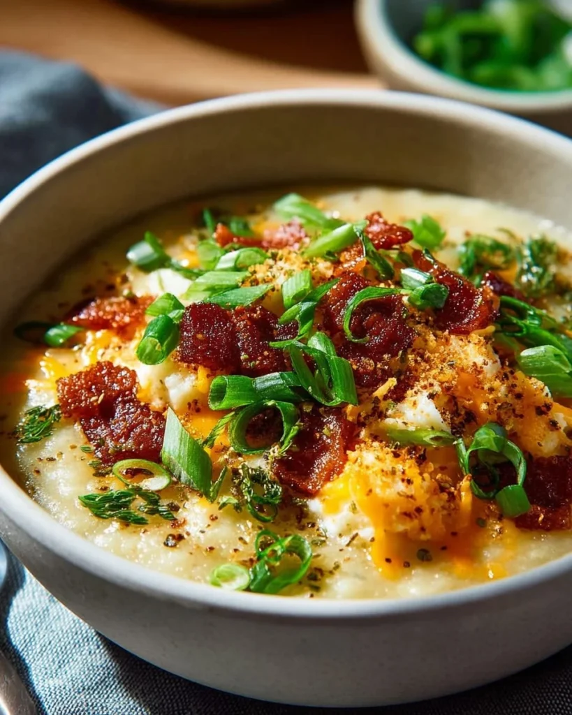 Bowl of creamy potato leek soup garnished with fresh herbs