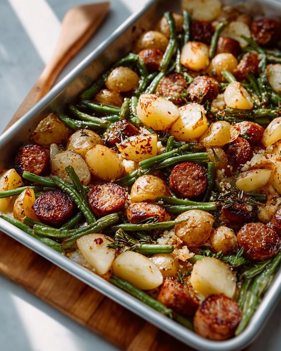 Savory Sausage Bake with green beans and potatoes in a baking dish