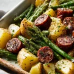 Sheet pan sausage with potatoes and green beans cooked to perfection